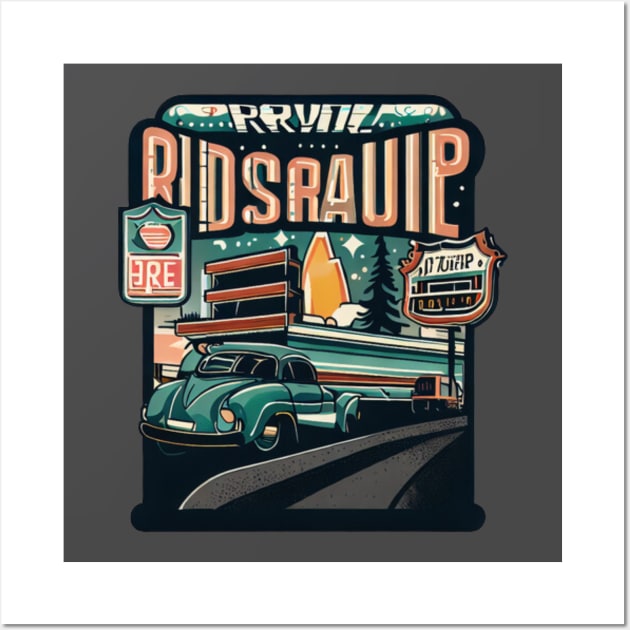 A graphic that captures the vintage vibe of a classic road trip, complete with iconic roadside attractions and retro typography. Wall Art by maricetak